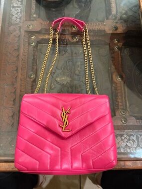 100% Authentic YSL Hot Pink Quilted Leather Shoulder Bag with Gold Hardware